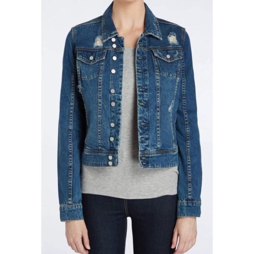 Blank NYC Distressed Jean Jacket Size Medium Blue Denim Button Up Long Sleeve